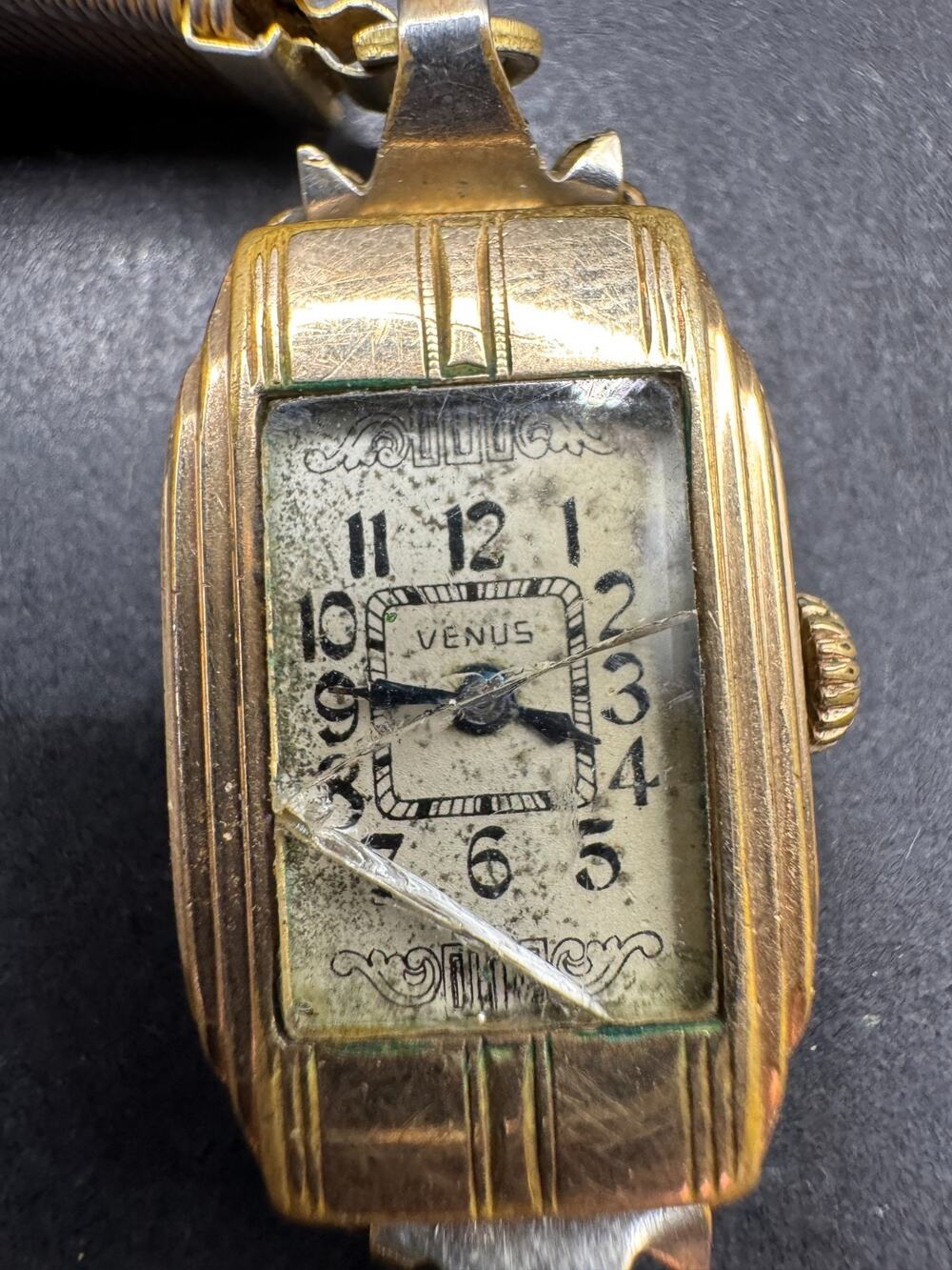 Vintage Venus Art Deco Tank Women's Mechanical Watch Gold Tone Stretch Band